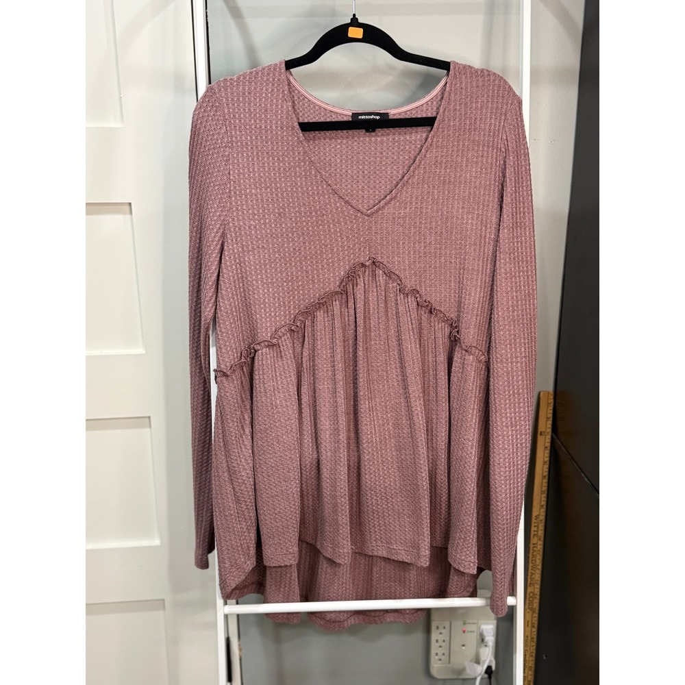 Mittoshop Mauve Waffle Knit Babydoll Tunic Top V-Neck Long Sleeve L Boho Indie